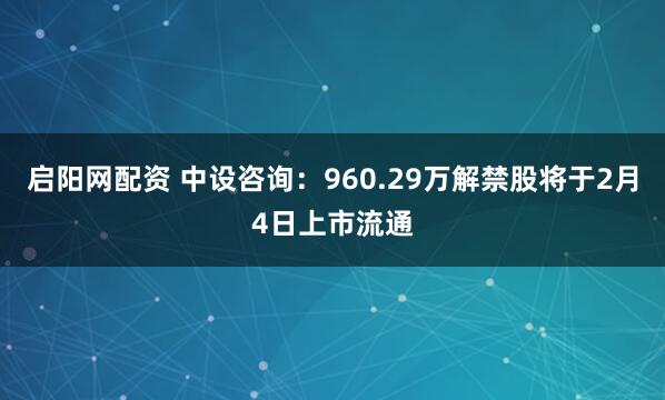 启阳网配资 中设咨询：960.29万解禁股将于2月4日上市流通